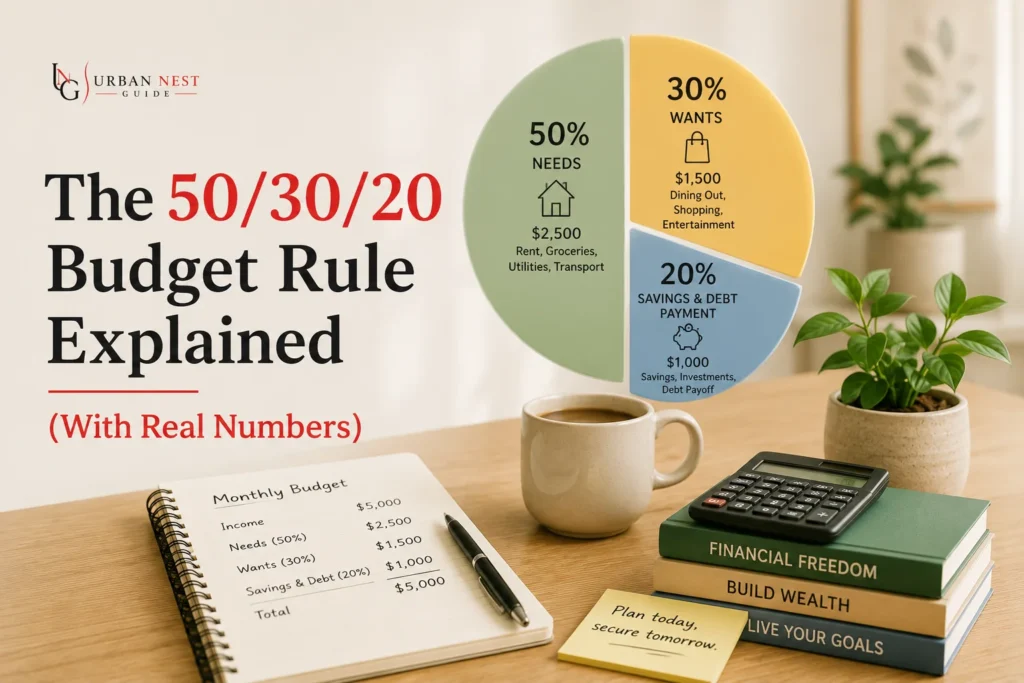 50 30 20 budget rule explained with real numbers showing how income is divided into needs, wants, and savings