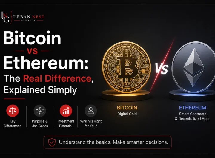 Bitcoin vs Ethereum comparison chart showing the key differences in purpose, supply, consensus mechanism and real world use cases.