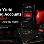 High-yield savings account explained with APY growth chart showing how annual percentage yield increases savings over time.