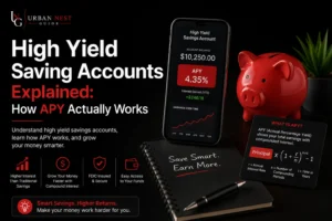 High-yield savings account explained with APY growth chart showing how annual percentage yield increases savings over time.