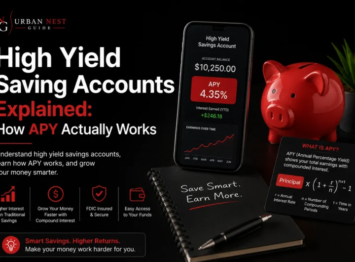 High-yield savings account explained with APY growth chart showing how annual percentage yield increases savings over time.