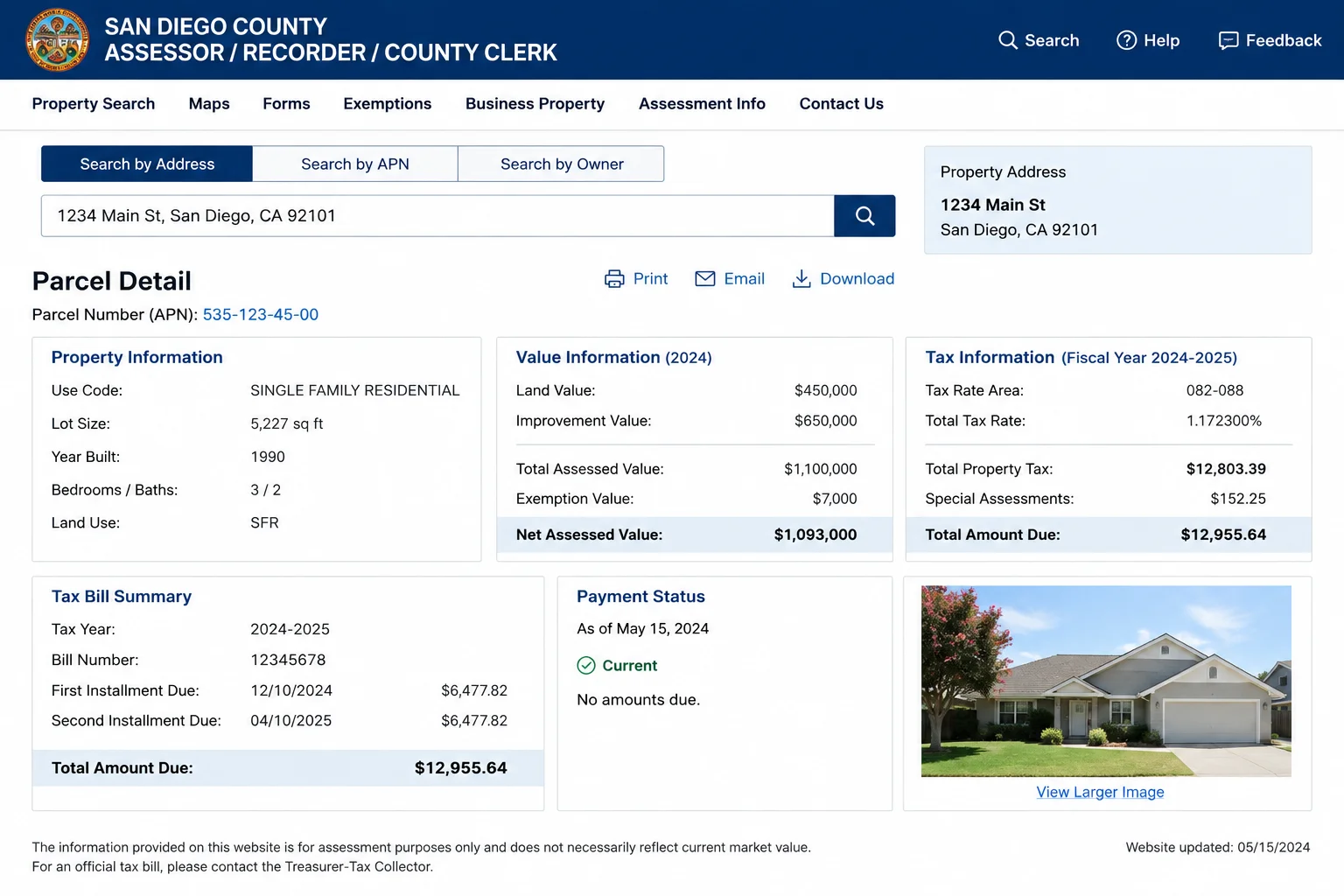 San Diego County Property Parcel Detail