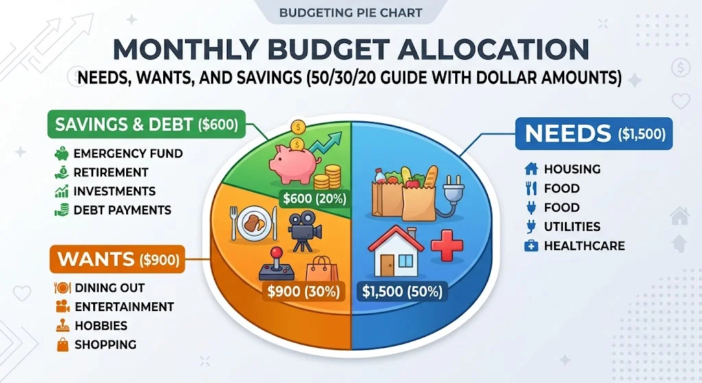 A clean pie chart showing the 50/30/20 split with dollar amounts on a $3,000 income.