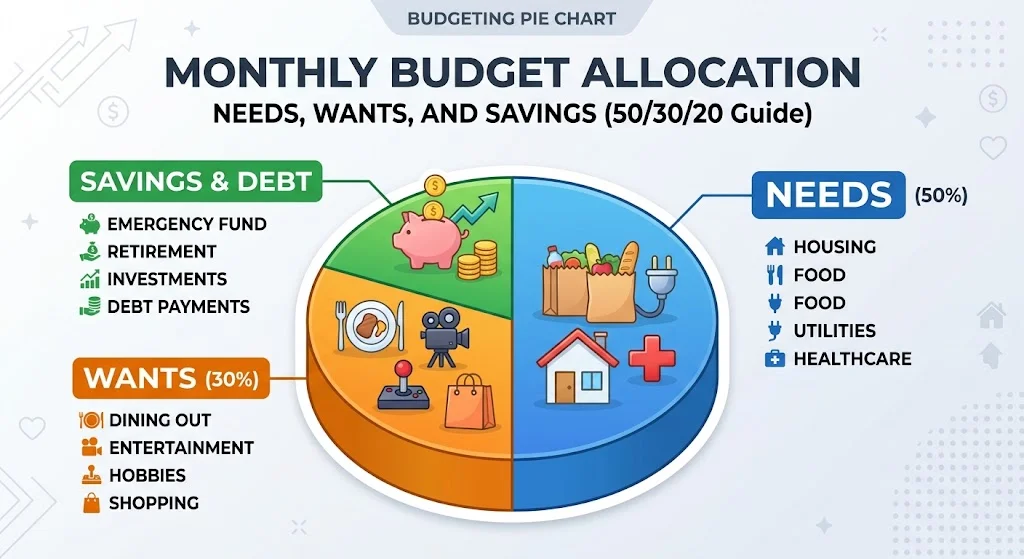 monthly budget allocation: needs, wants, and savings 50/30/20 guide